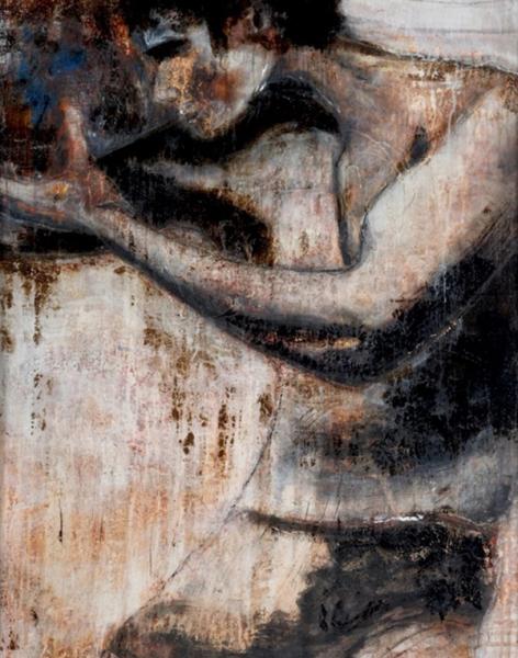 Martina Chardin monoton abstrakte Malerei sitzender Mann oberkörperfrei