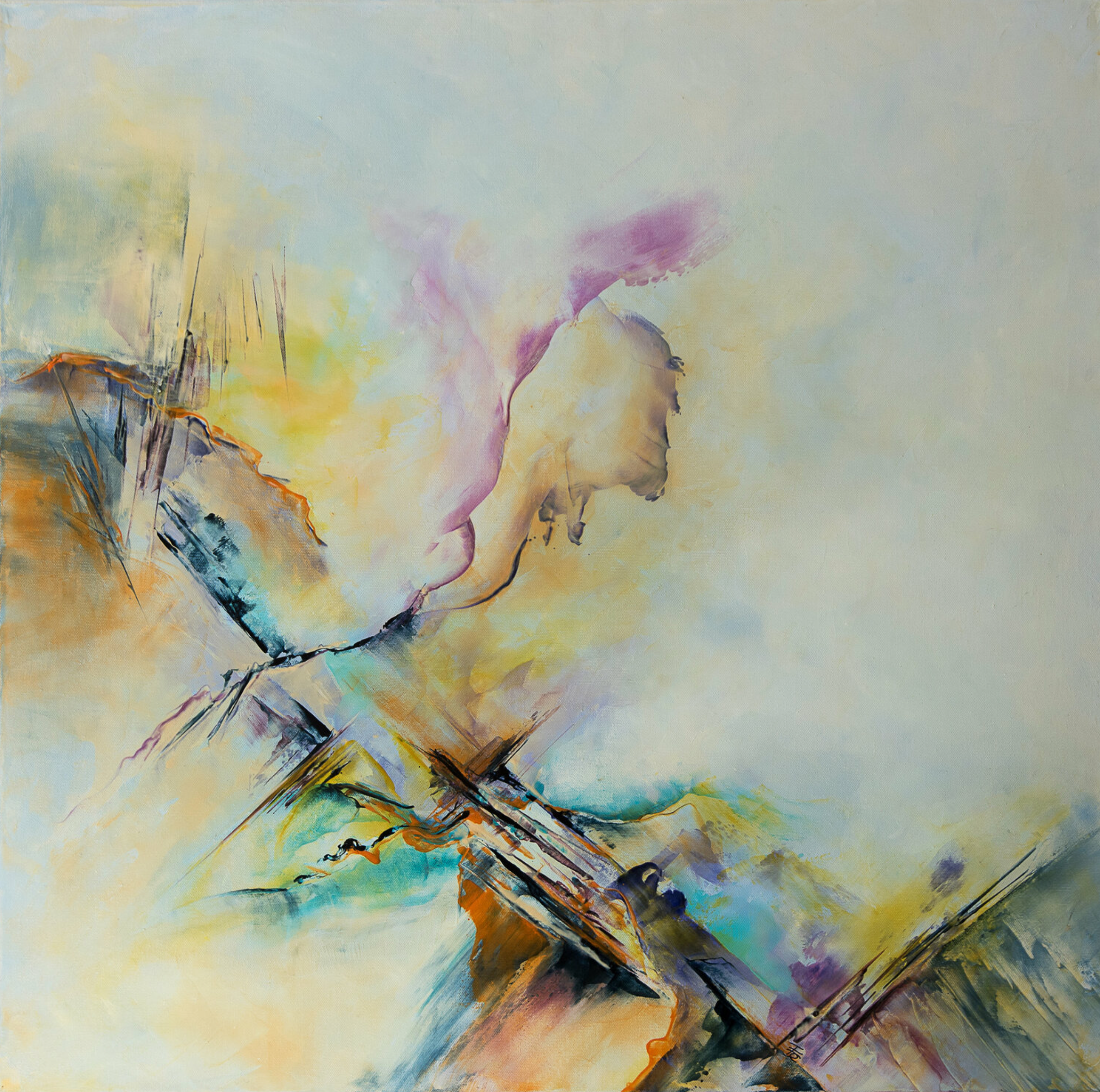 El cuadro abstracto "Sirius" de Françoise Dugourd-Caput muestra un remolino de colores que recuerdan a la naturaleza y al flujo del tiempo, a veces rápidamente visibles por los bordes afilados y otros momentos, relajados y serenos en colores suaves, agradables y melosos.