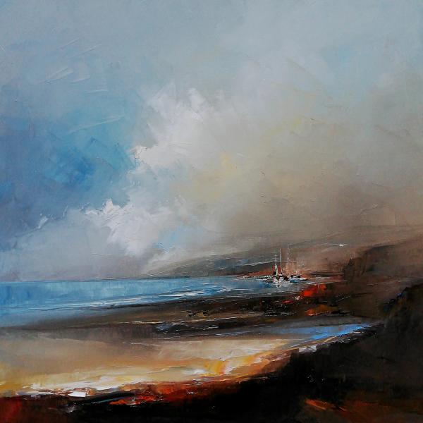 Philippe Meslin "Brume côtière" painting, is a figurative coloured oil painting of a French bay