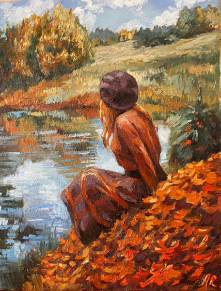 Anna Reznikova's "Autumn Fairy Tale" painting shows a wonderful autumn landscape. A young woman sits on a meadow by a lake, in wonderful autumn colours, brown, yellow, red. Painted with brushes on cotton canvas.