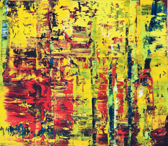 Svitlana Andriichenko ist eine Ukraine/Deutsche Malerei-Künstlerin. "Promenade. A15" ist ein abstraktes Bild. Gelb und Rot sind die dominierenden Farben.