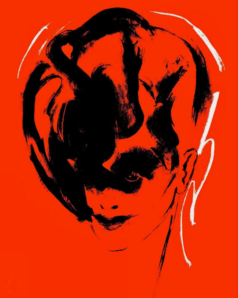 Zoko digital drawing abstract head with hair on red background