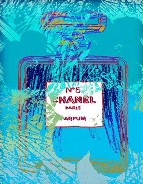 于尔根-库尔（Jürgen Kuhl）抽象插画丝网版画《香奈儿5号》（Chanel no.5），采用叠加和蓝色背景。