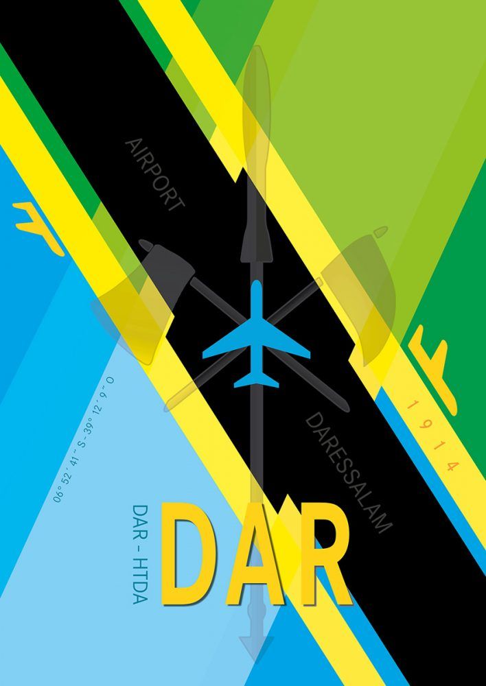 Jörg Conrad插图达累斯萨拉姆机场海报，背景为坦桑尼亚国旗