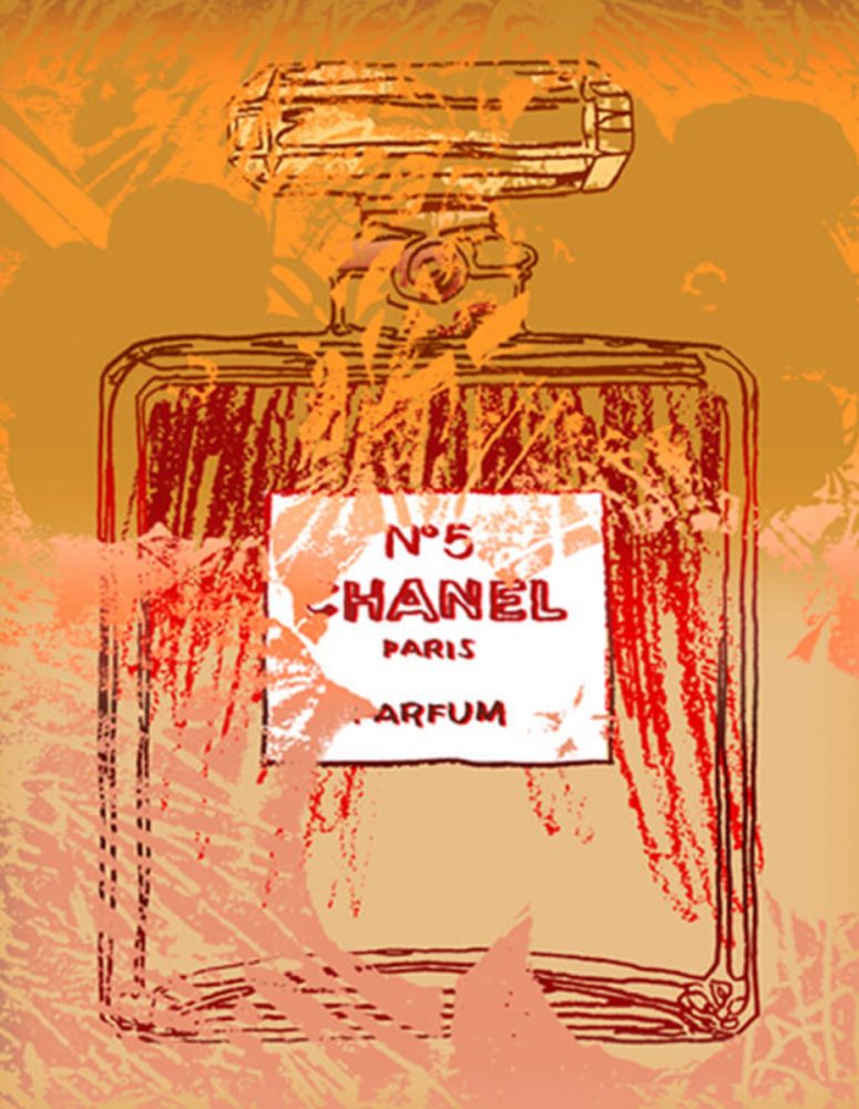Jürgen Kuhl的抽象插图丝印香奈儿5号，叠加橙色背景