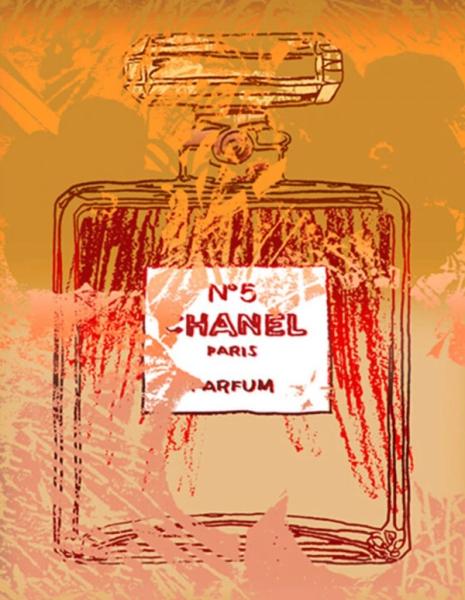 Jürgen Kuhl的抽象插图丝印香奈儿5号，叠加橙色背景