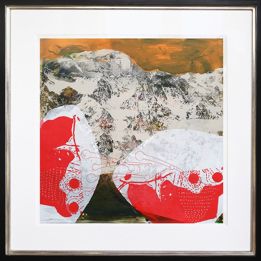 Dieter Nusbaum abstrakte Malerei Siebdruck Gebirge mit rot weißen Zellen Formen im Vordergrund