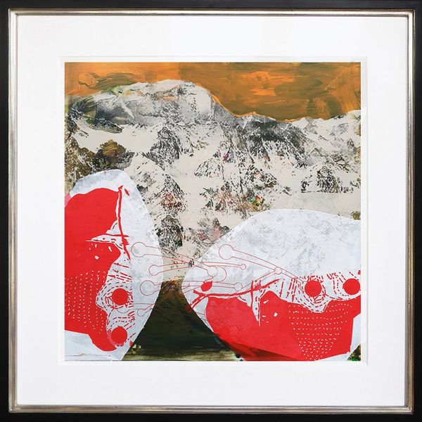 Dieter Nusbaum abstract painting silkscreen mountains with red white cells shapes in the foreground