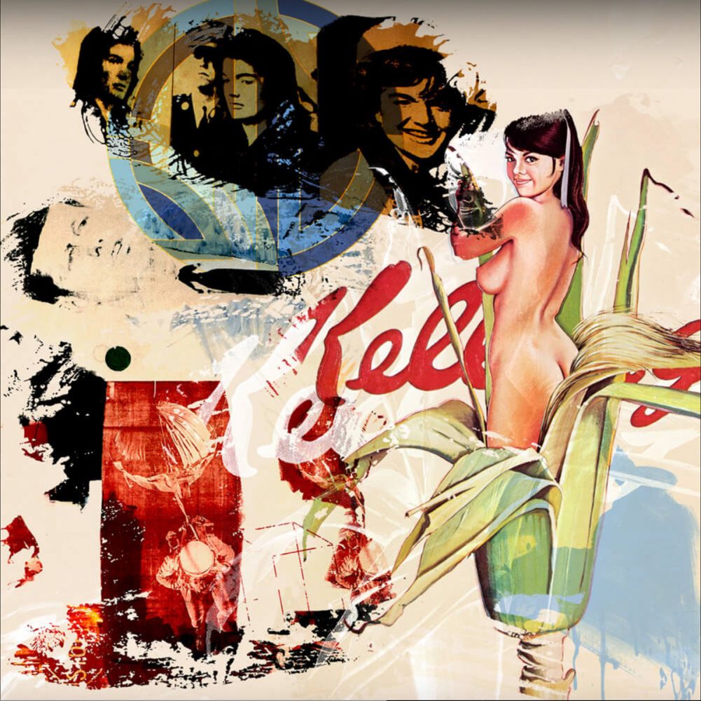 Jürgen Kuhl collage astratto donna nuda con pannocchia e scritta Kellogg's