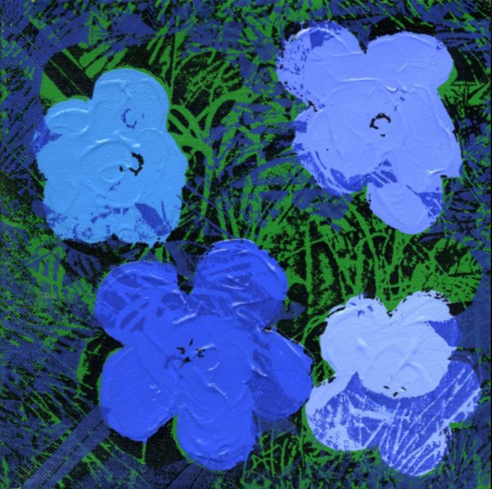 Jürgen Kuhl Siebdruck Malerei minimalistische blaue Blüten auf grünem Hintergrund