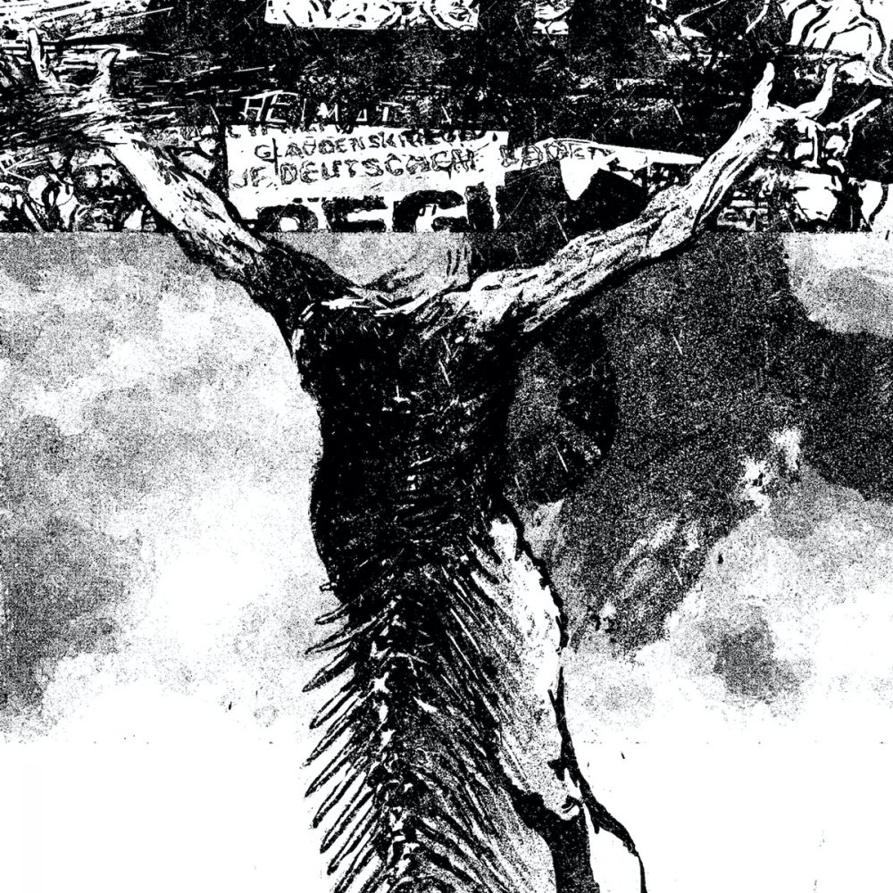 Klaus Heckhoff abstrakte Malerei illustration schwarz weiß Jesus am Kreuz mit Fischgräten