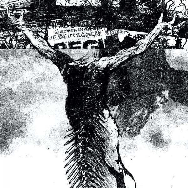 Klaus Heckhoff pittura astratta illustrazione bianco nero Gesù in croce con lische di pesce