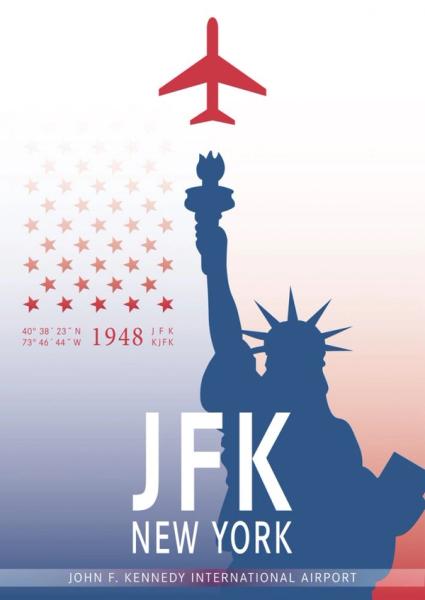 Jörg Conrad illustrazione tipografia Aeroporto di New York JFK con Statua della Libertà