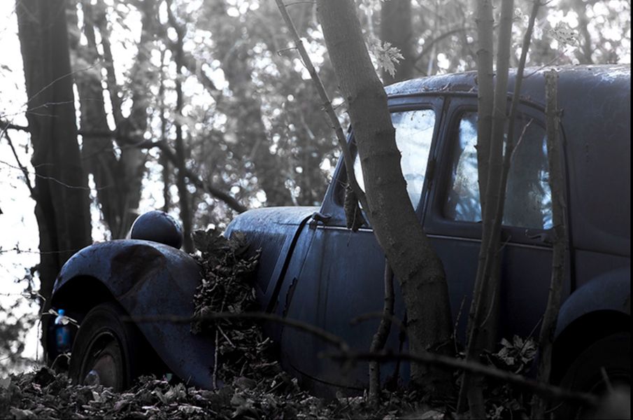 Martina Chardin Fotografie alter verlassener blauer Oldtimer im Wald 