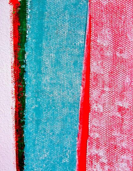 Ronny Cameron abstrakte Malerei Luftpolster Folie Abdruck Streifen rot und blau 