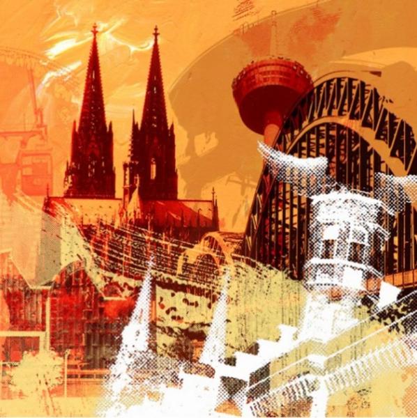 Jürgen Kuhl abstract painting silkscreen Cologne Cathedral and TV Tower overlay orange red