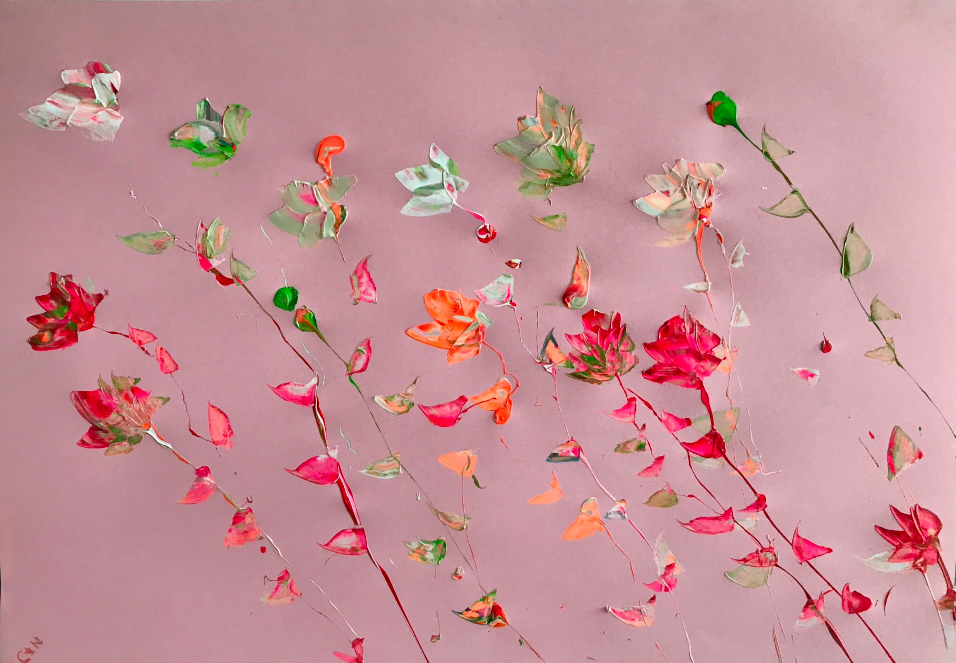 罗尼-卡梅伦的抽象画 黄麻和纸的形状，粉红色，深蓝色和白色
