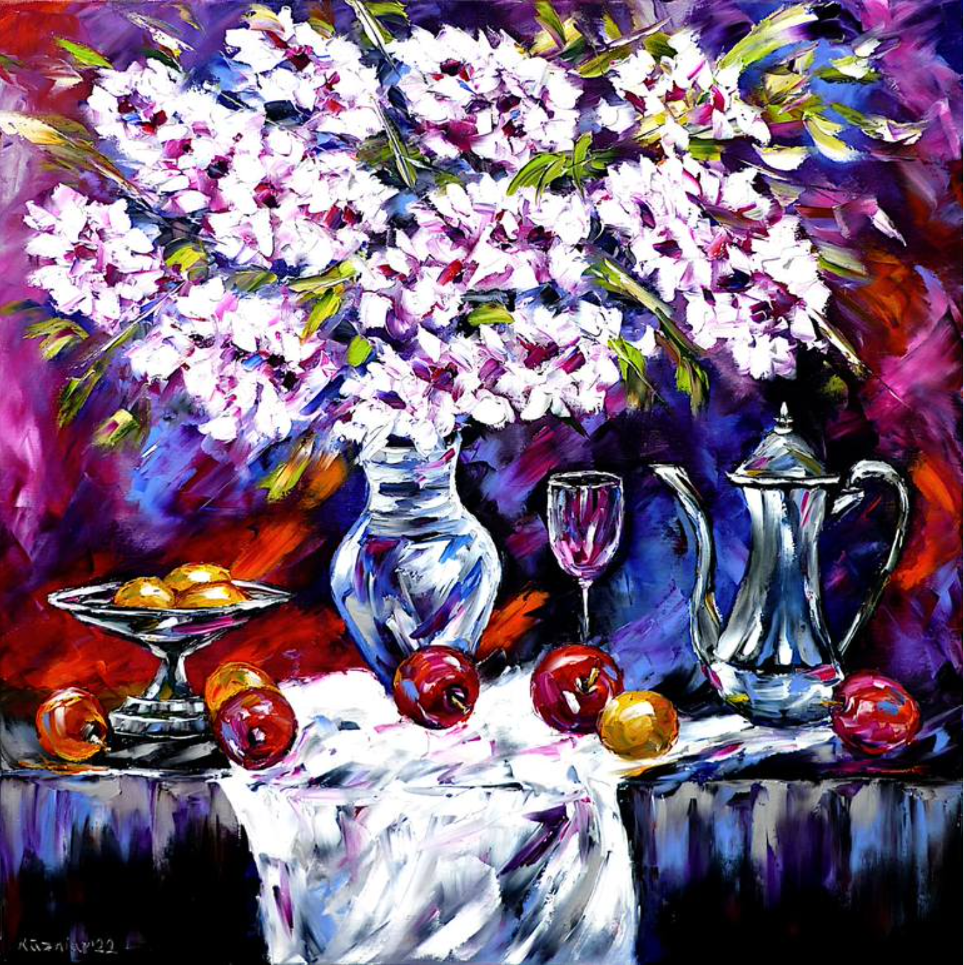Mirek Kuzinar Pintura expresionista Naturaleza muerta Ramo de flores Cerezos blancos en florero de cristal Manzanas y abeto plateado