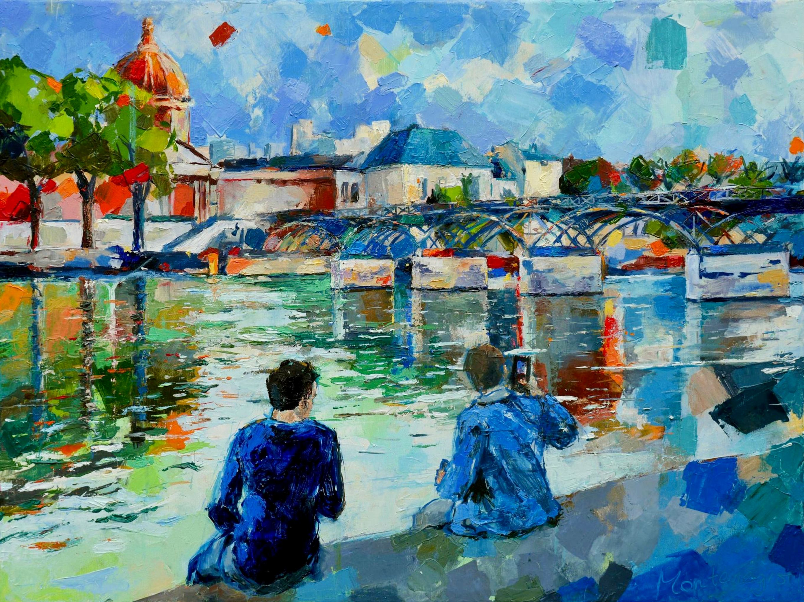 Miriam Montenegro peinture expressionniste deux personnes au bord de la rivière dans la ville avec un pont et une église en arrière-plan