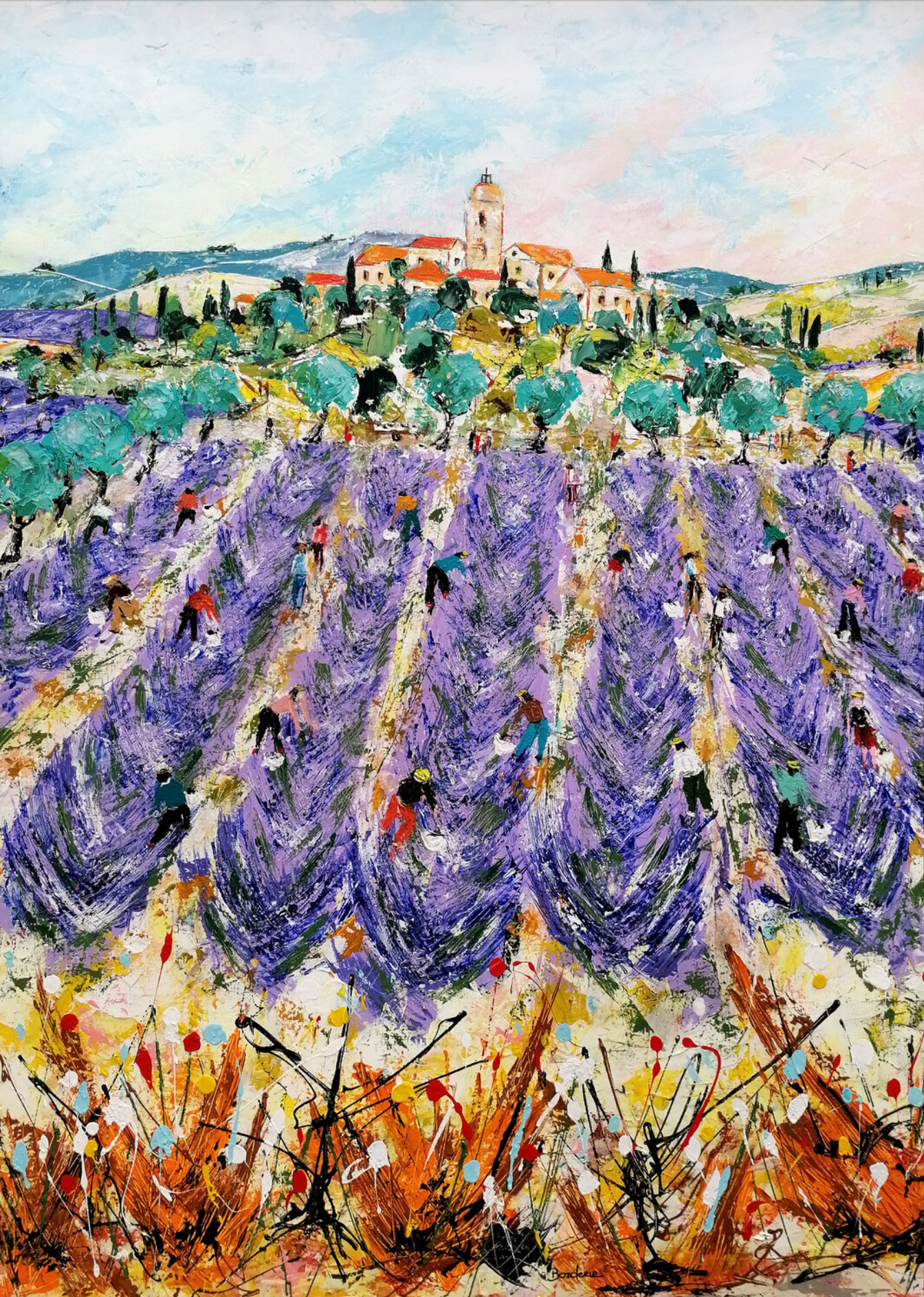 Jean-Pierre Borderies Bild "Champs de lavande" ist ein farbenfrohes figuratives Landschaftsgemälde. 