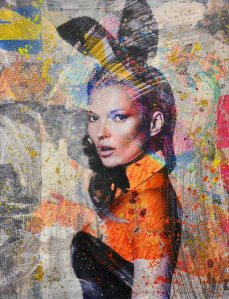 Karin Vermeer's "Bunny Kate" ist eine digitale Kombination und Bearbeitung von Fotografien, Gemälden und Collage zu neuen, originellen StreetArt Kunstwerke in Farbe.