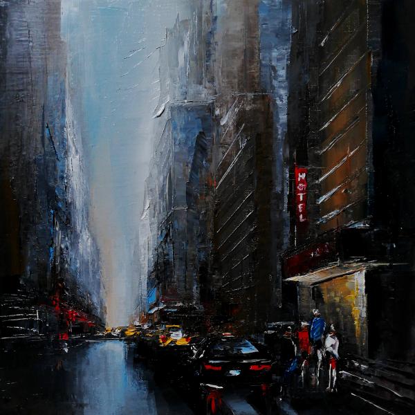 Il dipinto di Philippe Meslin "Manhattan traffic Huile sur lin" è un olio figurativo a colori che raffigura una scena di strada di Manhattan.