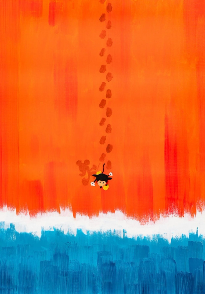 Cristina  Golovat's "Mickey Mouse - Beach scene" Gemälde,sind die dominierenden Farben Rot und Blau.