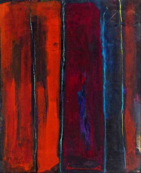 Martina Chardin abstract painting with vertical red and dark red brushstrokes and blue accents