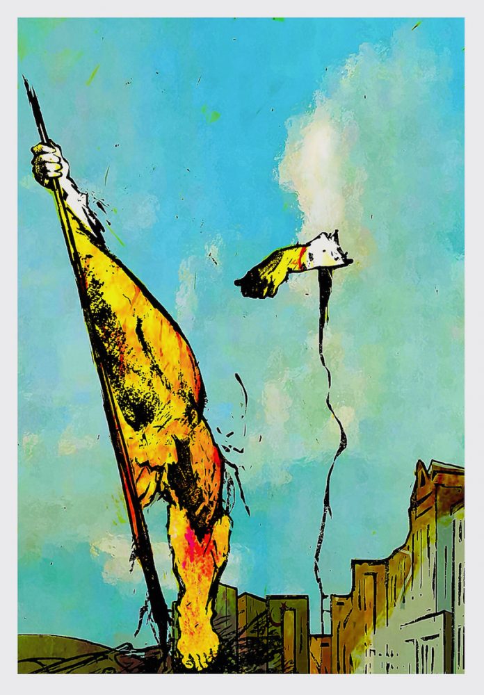 Klaus Heckhoff abstrakte Malerei illustration fliegende Hände die ein kaputte gelbe Flagge in der Stadt halten