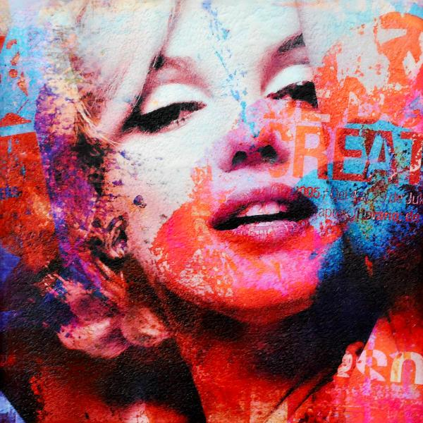 Karin Vermeer's "Marilyn Monroe2" ist eine digitale Kombination und Bearbeitung von Fotografien, Gemälden und Collage zu neuen, originellen Kunstwerken in Farbe.