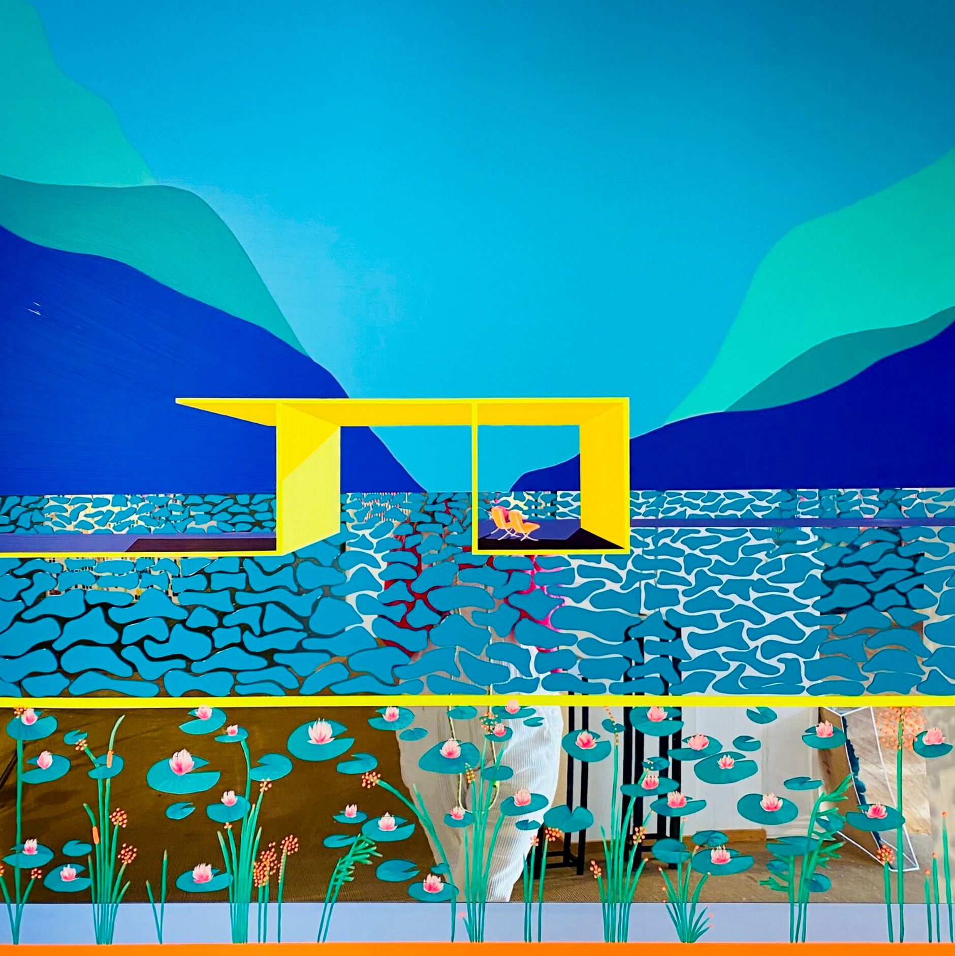 Isabelle Derecque, "Les nénuphars" Pintura colorista, pintada en un misterioso lugar coloreado sobre espejo plexi en estilo pop-up con colores alegres y enérgicos. Visualizado a través de la geometría, las perspectivas, los contrastes y los reflejos.