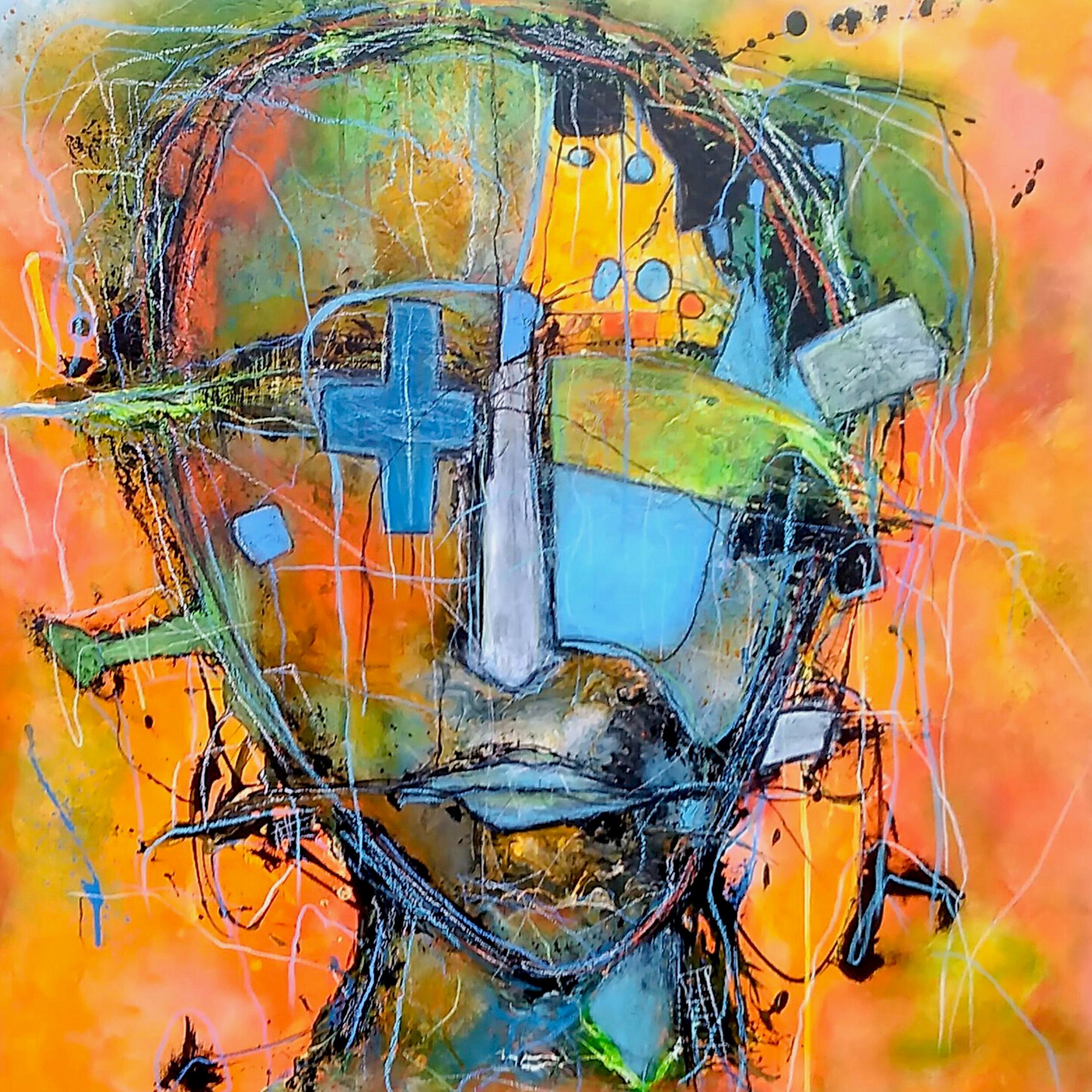 La peinture de portrait semi-abstraite "Freigeist" d'Ilona Schmidt représente un homme/visage. La palette de couleurs du tableau se compose de différentes nuances de bleu, de jaune et d'orange et de rouge qui se fondent harmonieusement.