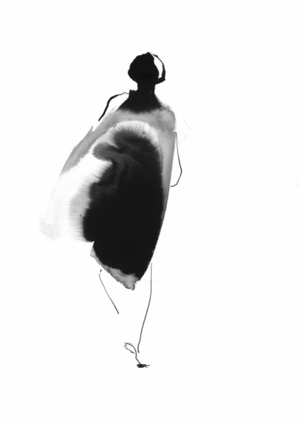 Sylvia Baldeva's "Pressée" zeigt ein, semi-abstraktes gemaltes Aquarellgemälde.  Silhouette einer Frau in Eile, Szene des Lebens, Schwarzweiß  Tusche, Tinte auf Papier