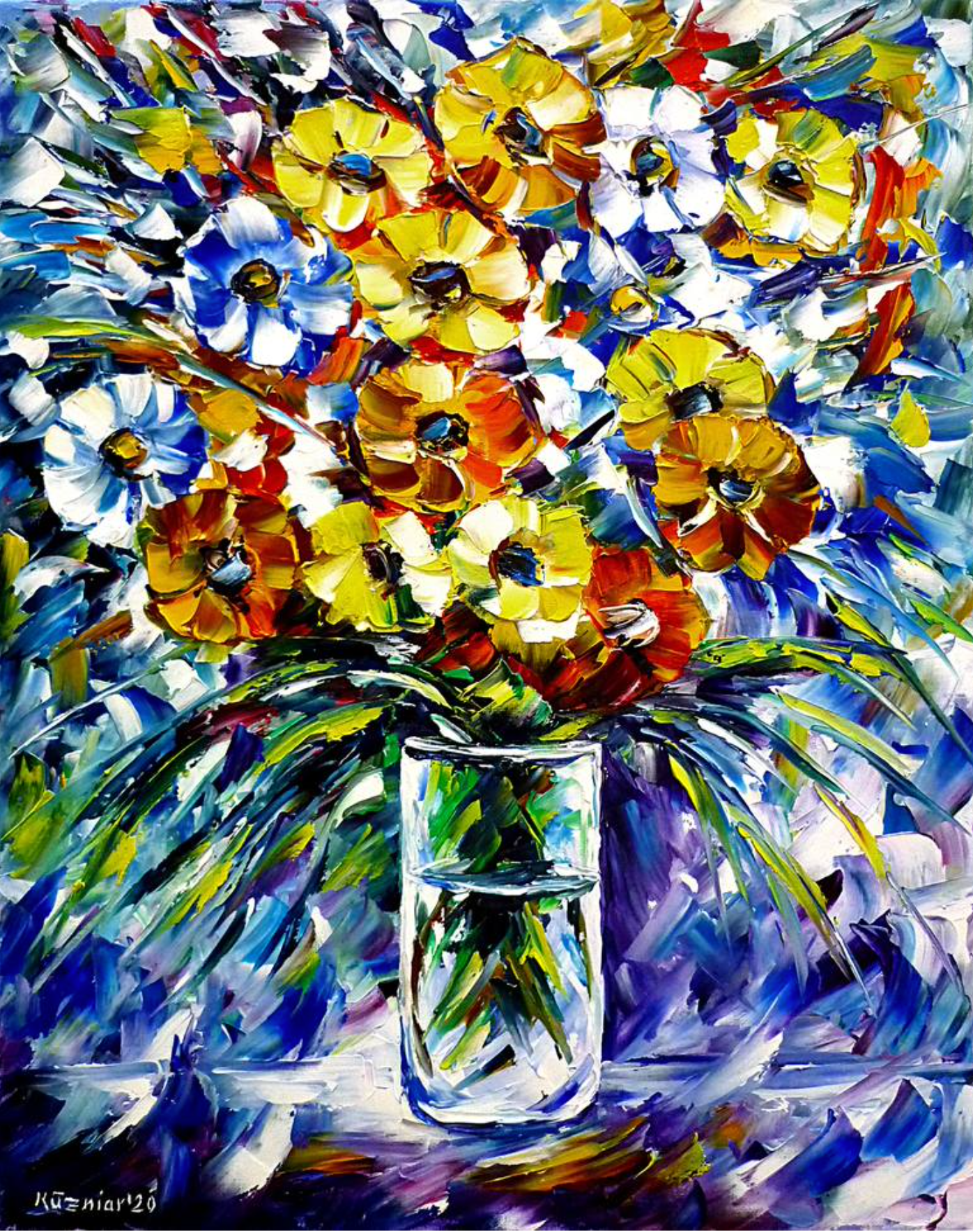 Mirek Kuzinar expressionistische Malerei  bunte Blumen in glas Vase auf Tisch