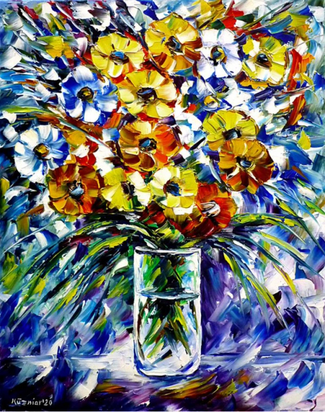 Mirek Kuzinar expressionist painting colourful flowers in glass vase on table