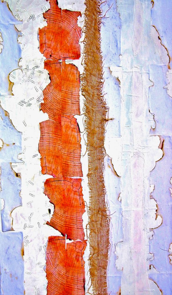 Ronny Cameron pintura abstracta pinceladas verticales en blanco naranja y ocre