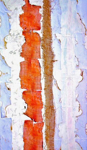 Ronny Cameron abstract painting vertical brushstrokes in white orange and ochre