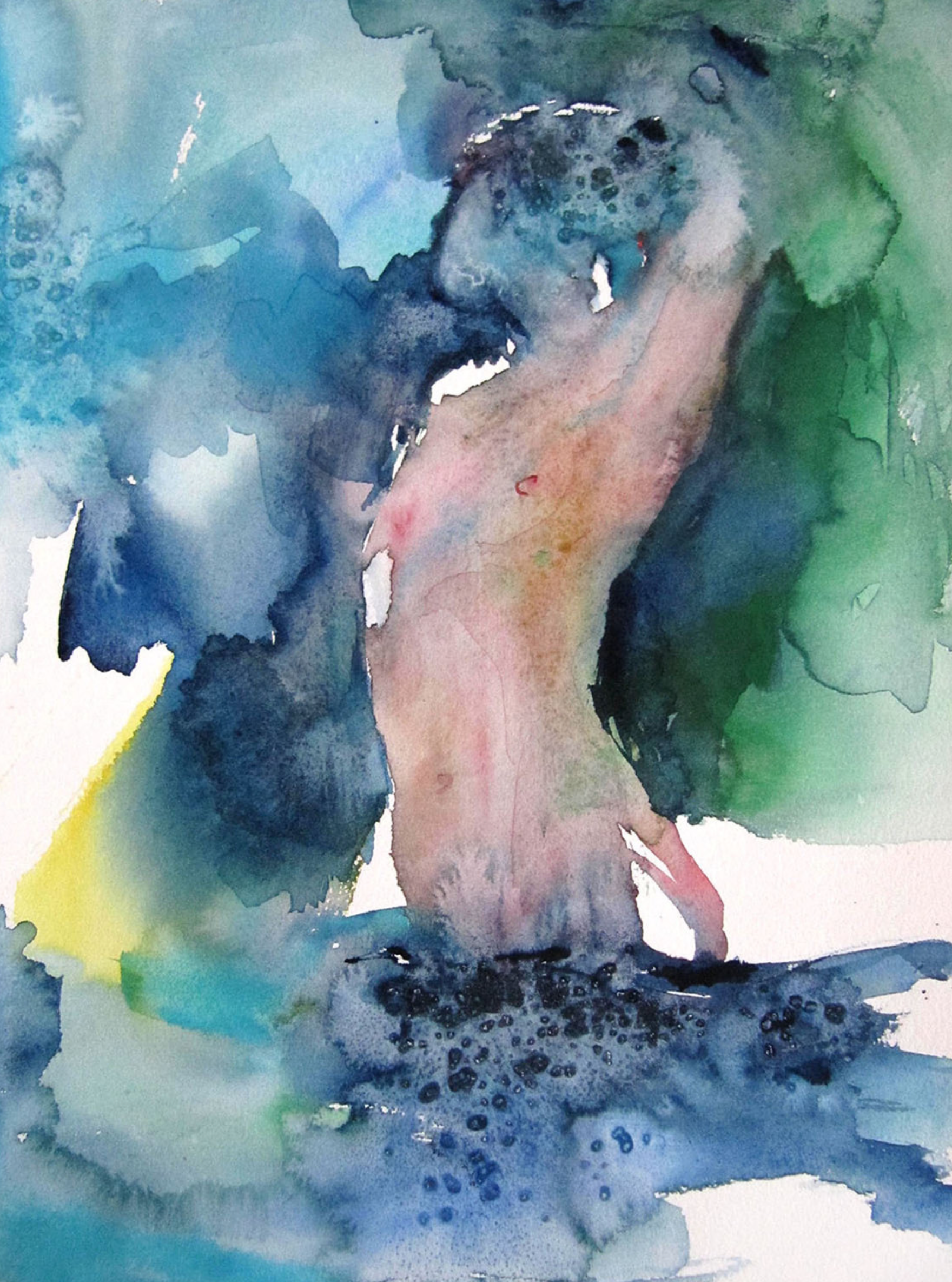 Sylvia Baldeva的《Dans la source》展示了一幅水彩画，半抽象的绘画。梦幻，梦境，裸体，身体，女人，源头，水，表现主义，康森®纸上的水彩画