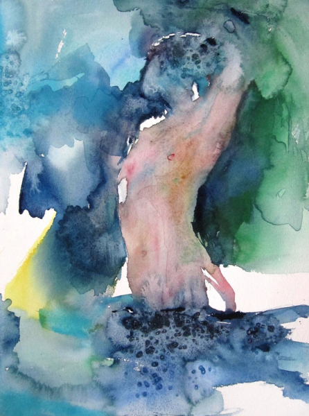 Dans la source" de Sylvia Baldeva montre une aquarelle, tableau peint semi-abstrait. Onirique, rêve, nu, corps, femme, source, eau, expressionnisme, aquarelle sur papier Canson®.