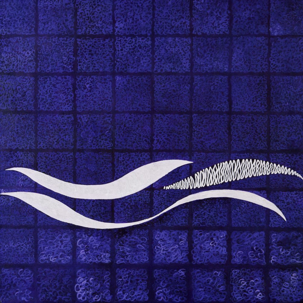 Maria Pia Pascoli peinture abstraite carreaux bleu foncé et vagues blanches