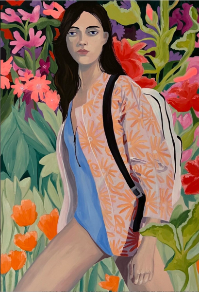Vanessa van Meerhaeghe ist eine in Brüssel ansässige Malerin. Ihr Frauenporträt Gemälde "Bloom" zeigt ein atemberaubendes Porträt einer jungen Frau im elegant und farbenfrohen Badeanzug. Vanessa liebt es, mit kühnen Mustern zu arbeiten.
