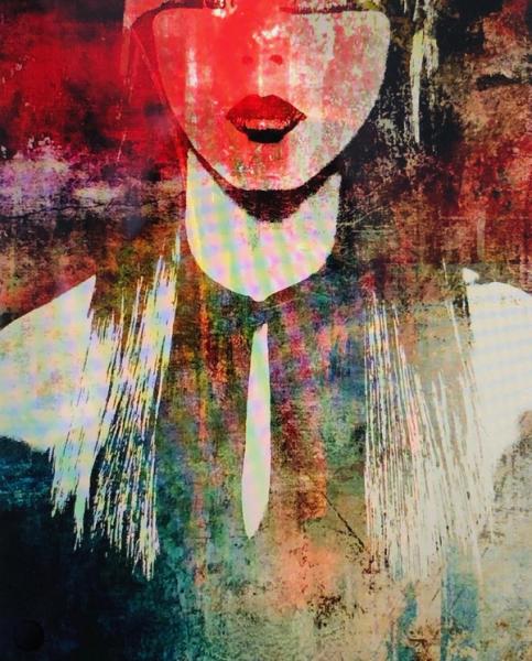 Ute Bruno digitale Malerei Frauen Portrait ohne Augen mit Überlagerung roter Farbe