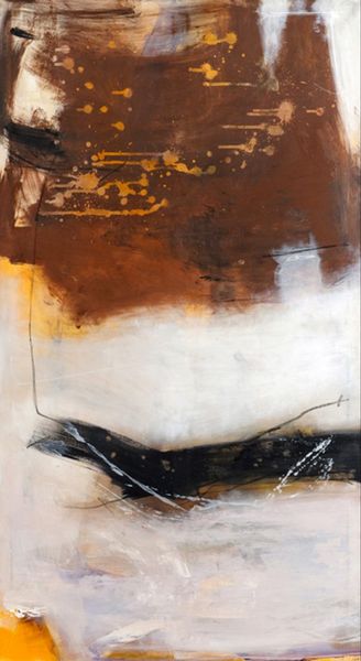Martina Chardin abstract painting with white brown background and black brushstrokes with yellow brush drops