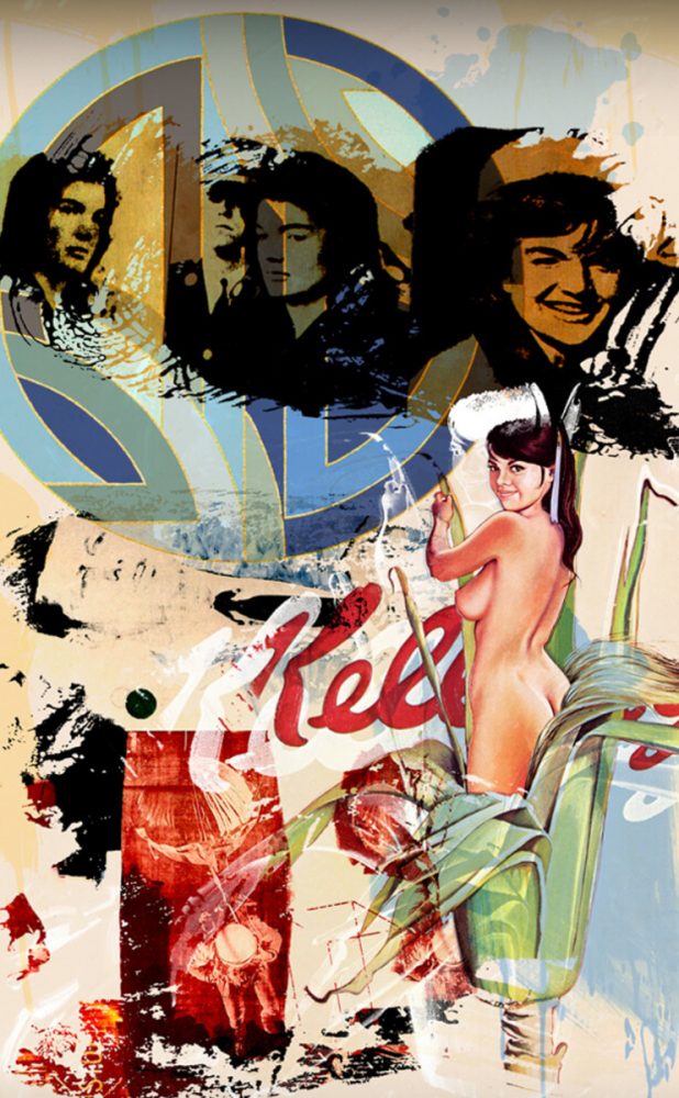 Jürgen Kuhl collage abstracto con letras Kellogg's y mujer desnuda en una planta de maíz