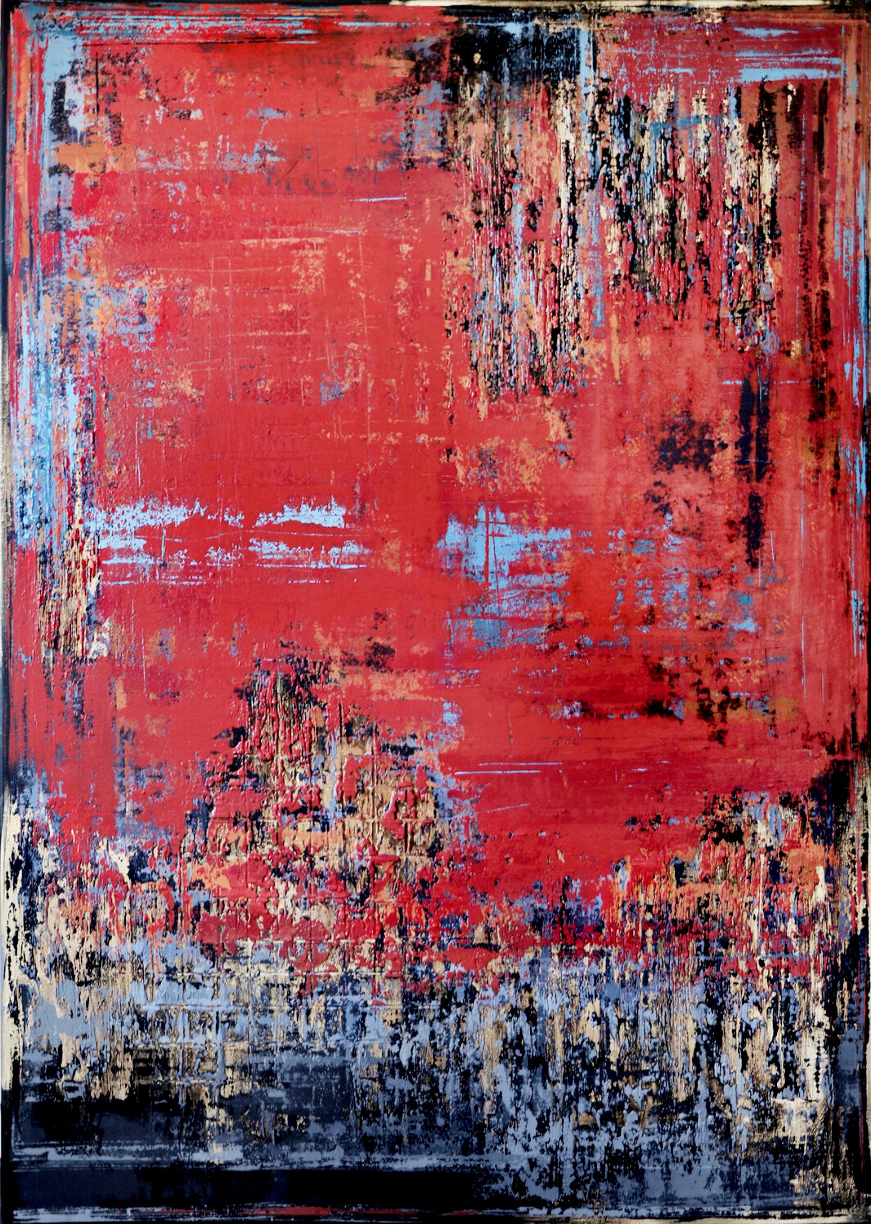 Nel dipinto espressionista e astratto "UNTOLD STORY" di Inez Froehlich dominano i colori rosso mattone/rosso industriale, grigio, oro, rame. Lo stile del dipinto è shabby chic, stile industriale, vintage, retrò, boho, rustico.