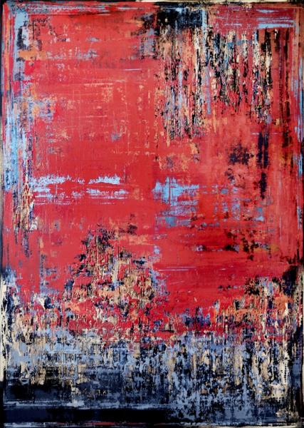 In Inez Froehlich's "UNTOLD STORY" expressionistisches, abstraktes, Gemälde dominieren die Farben Ziegelrot / Industrie rot, Grau, Gold, Kupfer. Der Stil des Gemäldes ist Shabby chic, Industriestil, Vintage, Retro, Boho, rustikal.