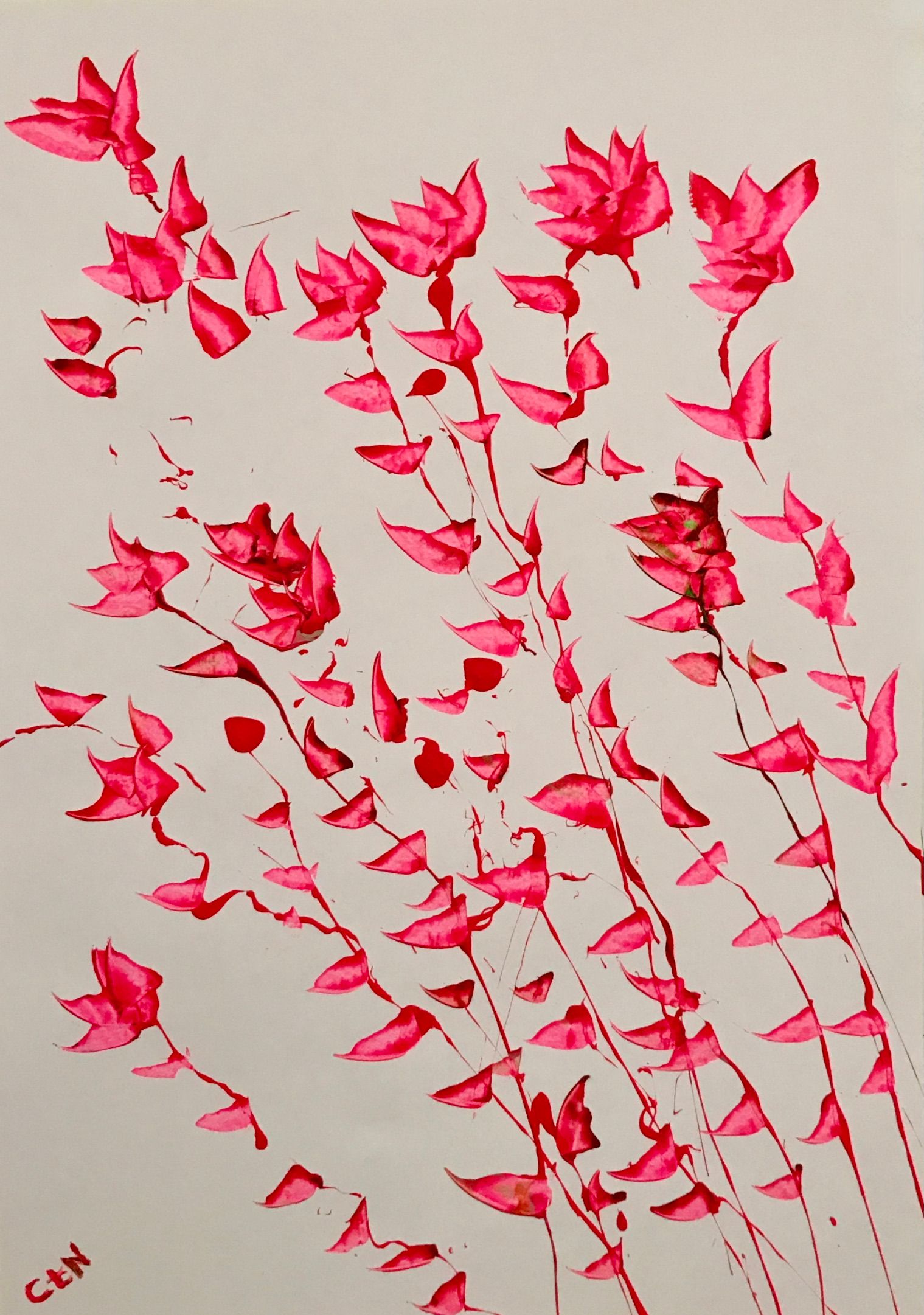 Ronny Cameron pintura abstracta yute y papel formas en rosa azul oscuro y blanco