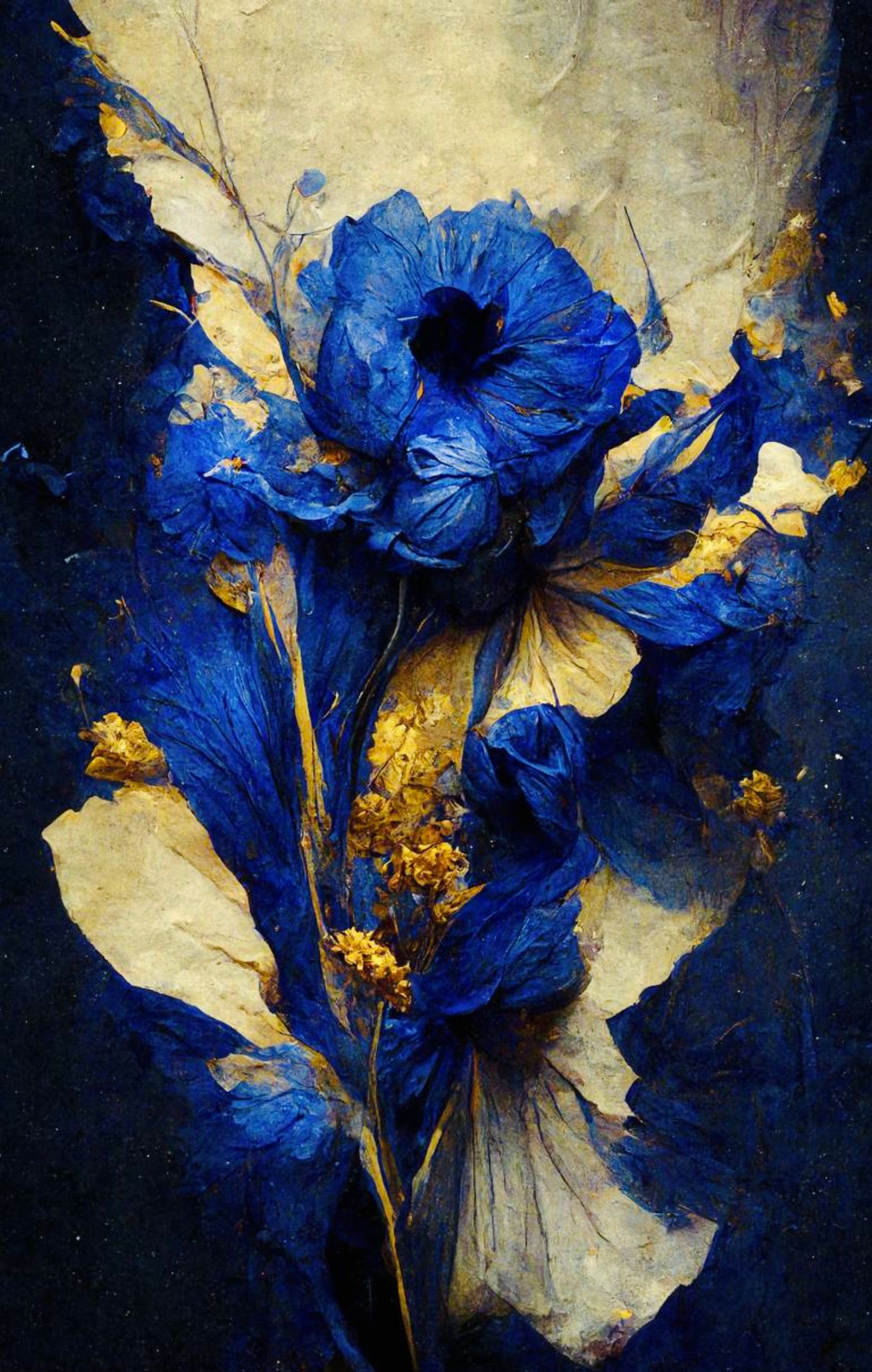 Teis Albers Malerei dunkel blaue delikate Blumen die übergehen in beigen Hintergrund 