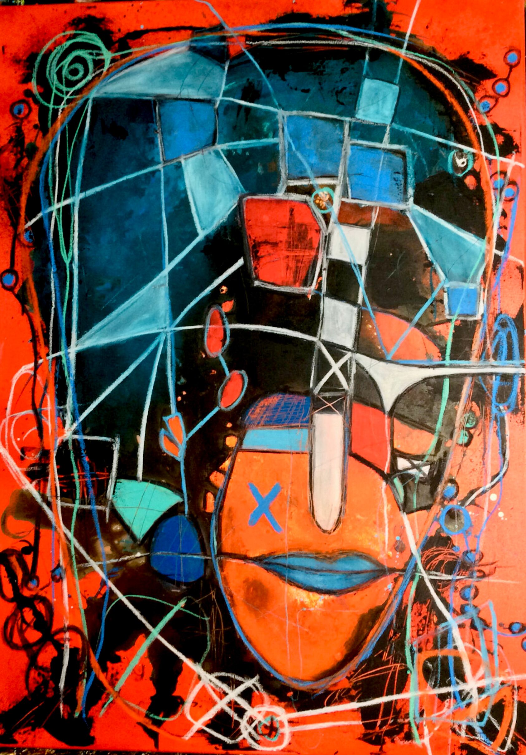 El retrato semi-abstracto "sin título" de Ilona Schmidt muestra a una persona/rostro. La paleta de colores del cuadro se compone de varios tonos de rojo, naranja y azul, turquesa.