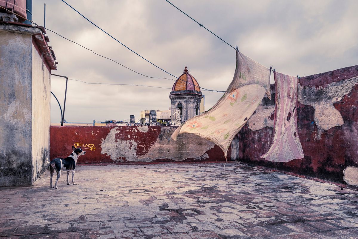 Joe Willems Fotografie alte bröckelige Terrasse in Kuba mit zwei Bettlaken auf Wäscheleine und Hund mit Kirche im Hintergrund